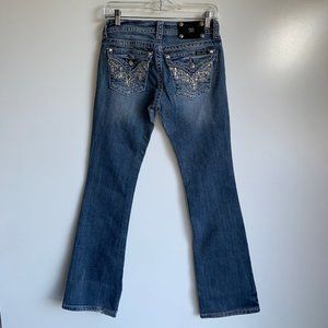 MISS ME BootCut Embroidered Sequin CZ Flap Pocket Jeans Size 27
